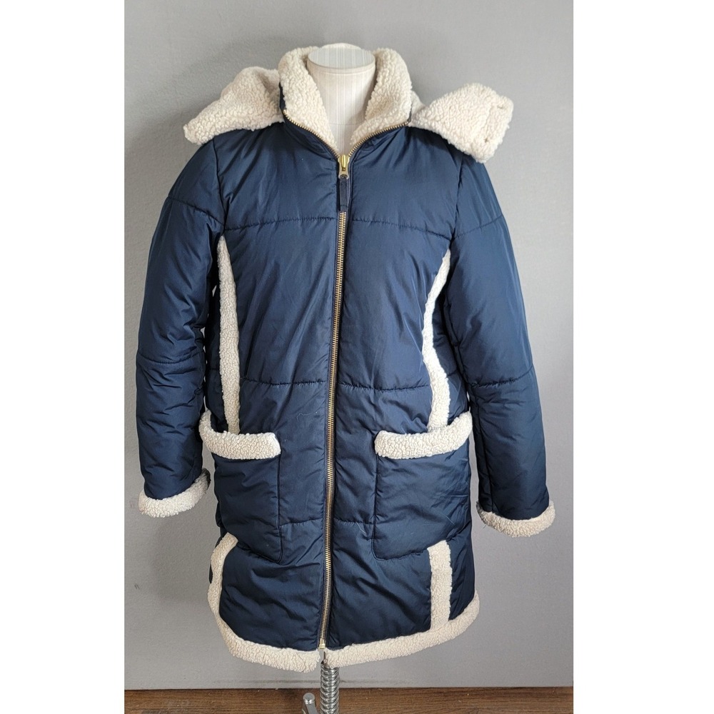J.Crew Snowday Signature Puffer Jacket Medium Navy Sherpa Trim PrimaLoft